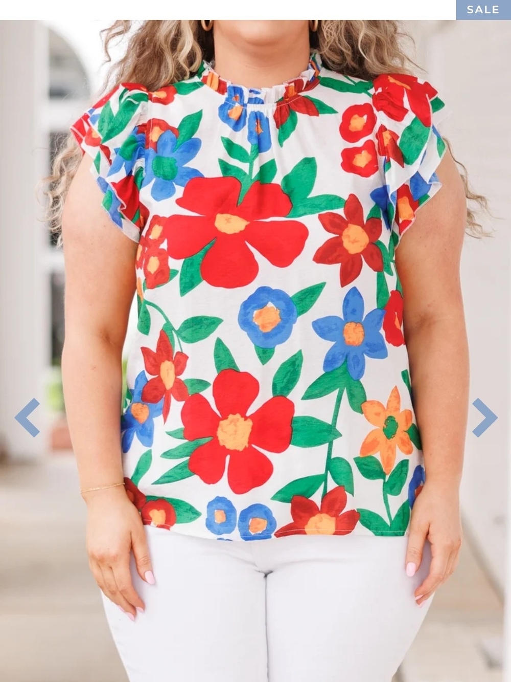 Chic Soul White Floral Ruffle Sleeve Top with Red, Blue & Green Flowers